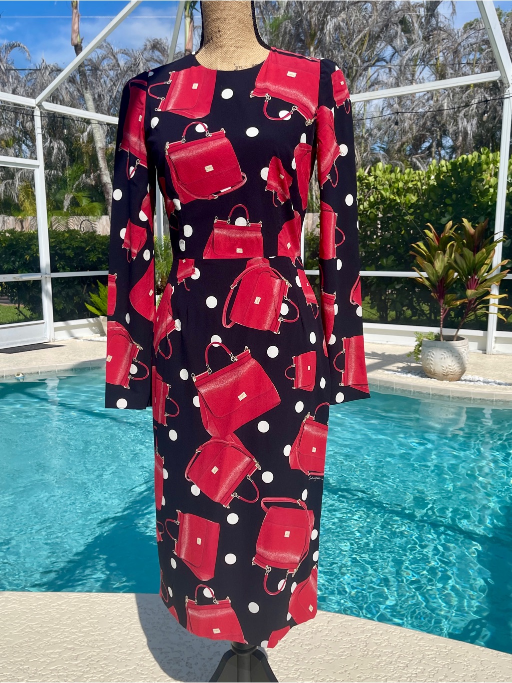 Dolce And Gabbana Black Dress With Red Handbag Print And Polka Dots